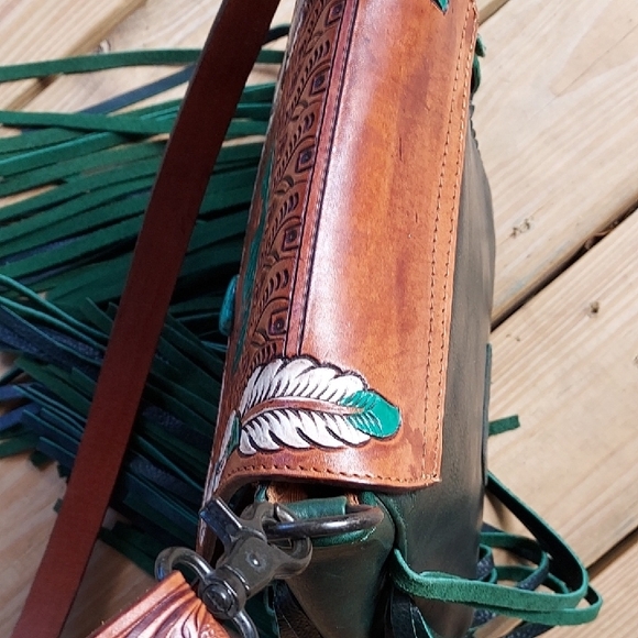 Hand Crafted Brown and Green Fringed Crossbody Bag - Picture 7 of 9